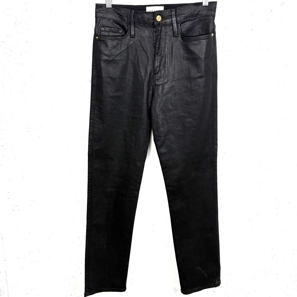 Frame Jeans Le Sylvie Straight High Rise Coated Denim Black Noir Zip Fly 28